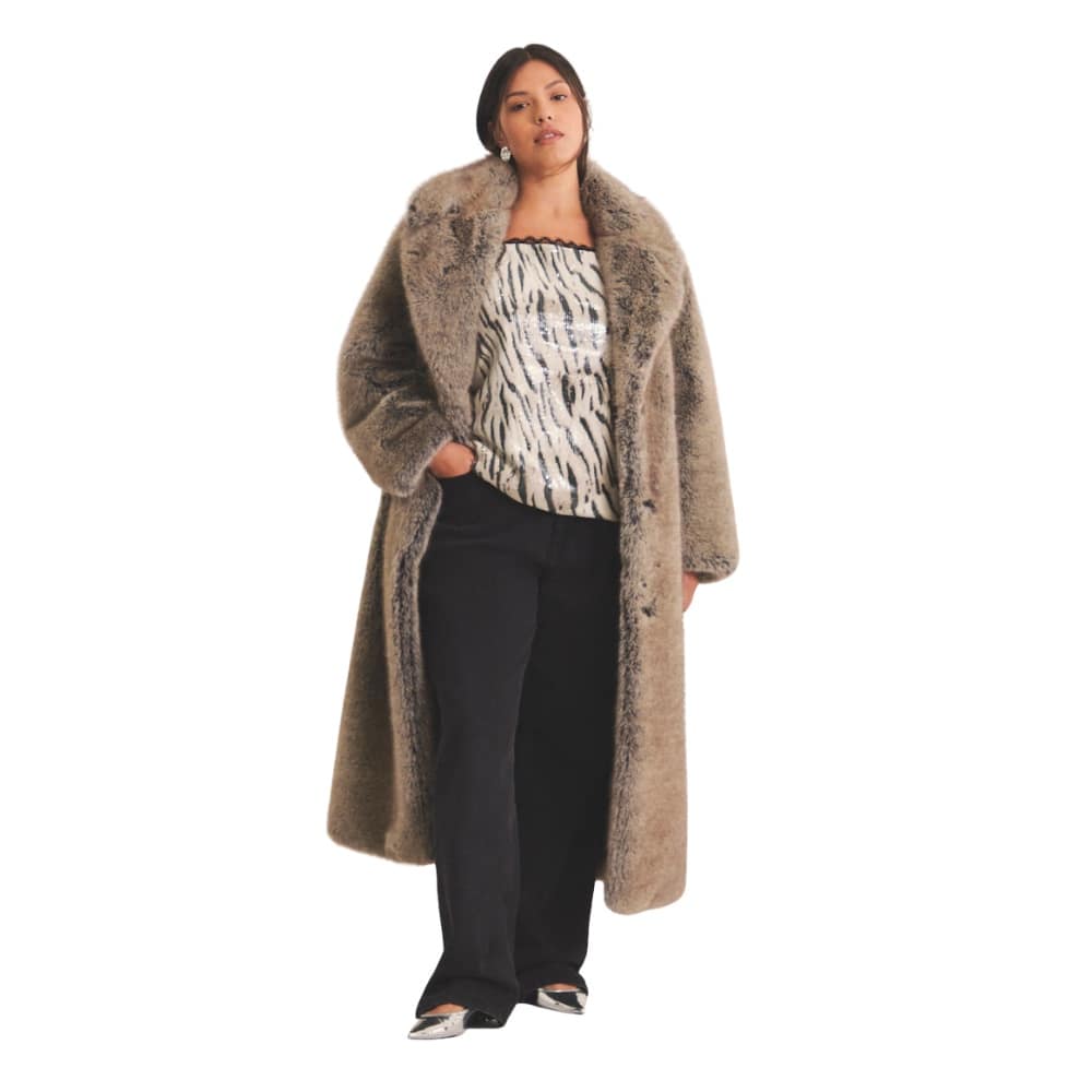 Faux Fur Maxi Coat Plus-size natural-look faux fur maxi coat with double-breasted collar and side pockets