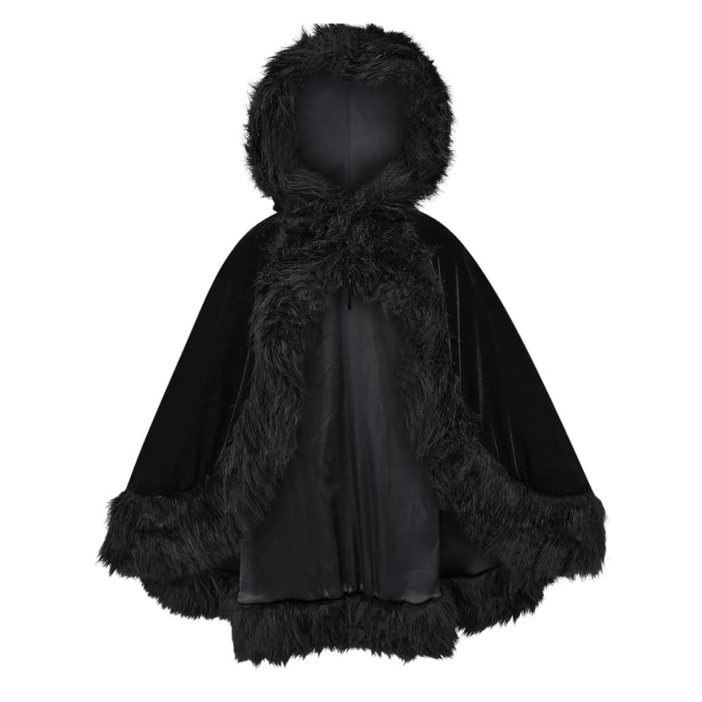 Black velvet cloak with faux fur trim, oversized hood and high-low hem