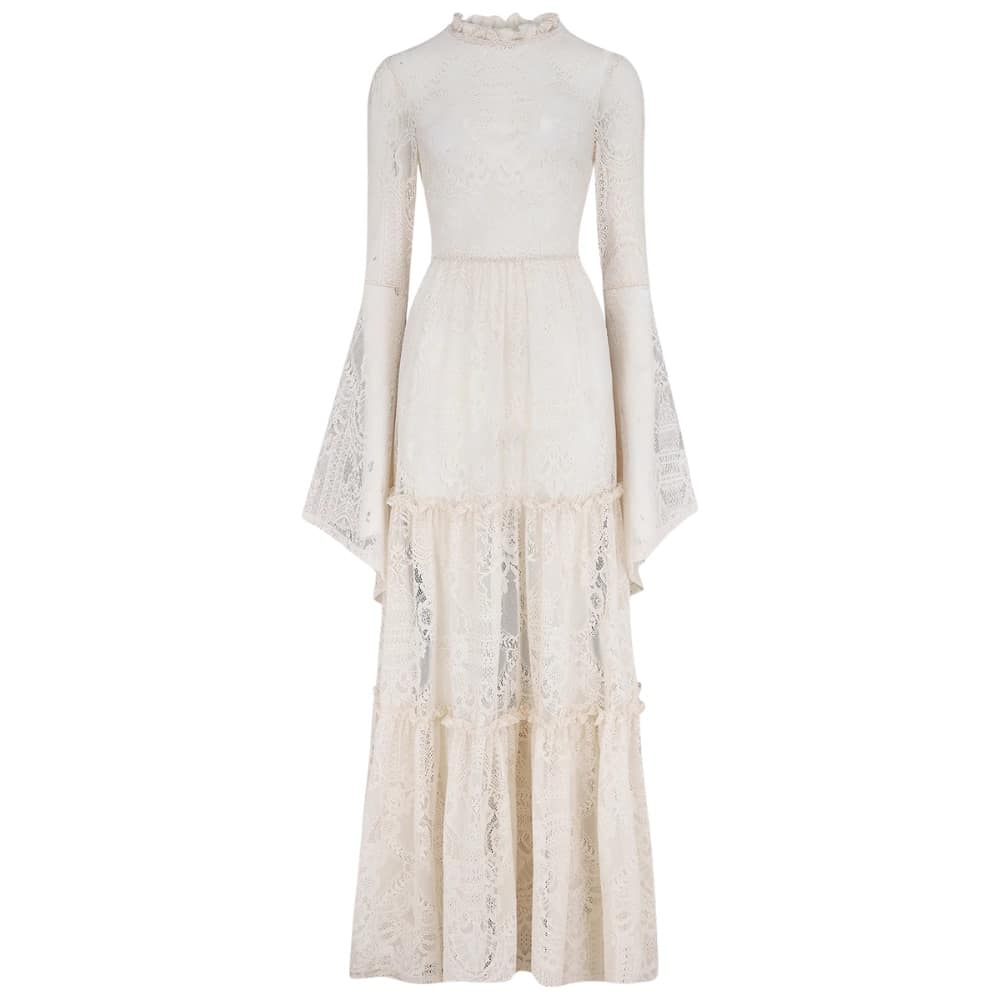 Front view of plus size ivory lace maxi dress with delicate lace detailing.