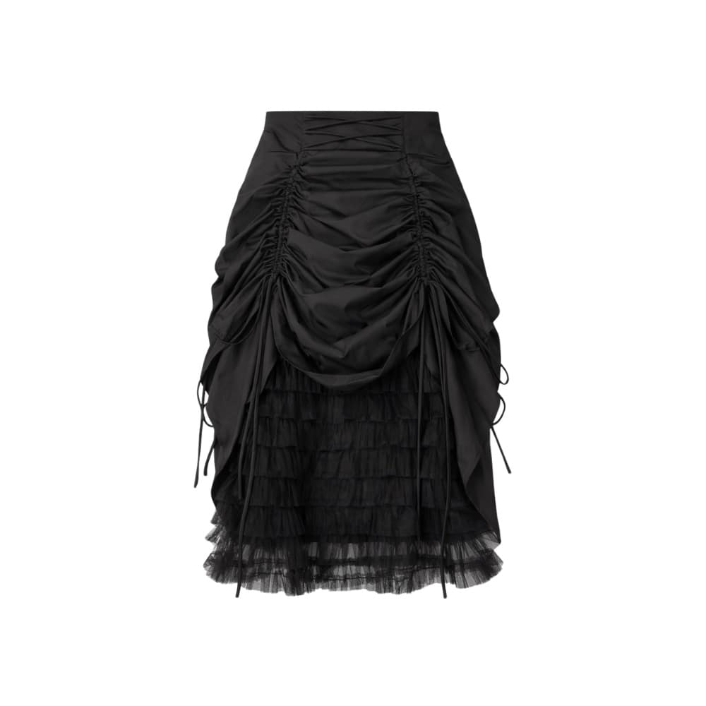 Plus size black high-waisted midi skirt with asymmetric hem.