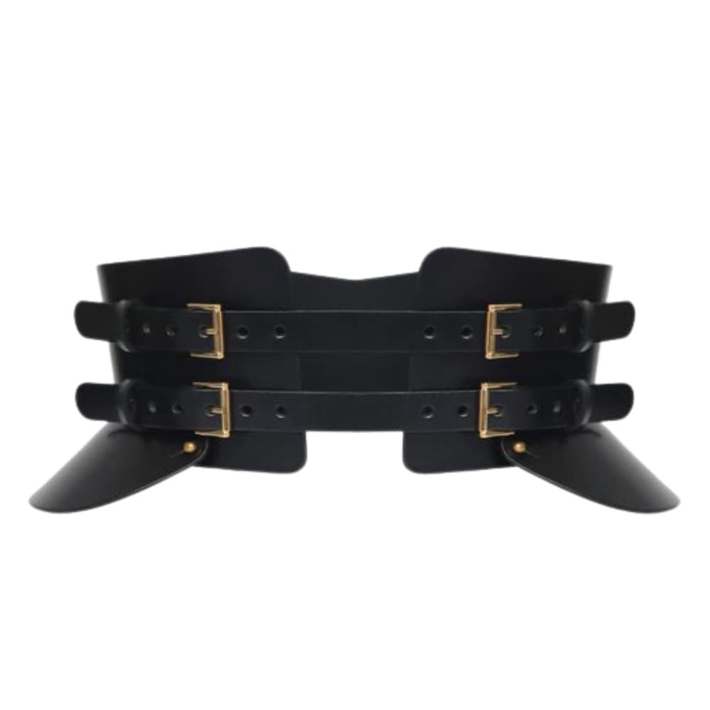 Wide Italian leather waist belt with dual buckle straps and peplum side detailing