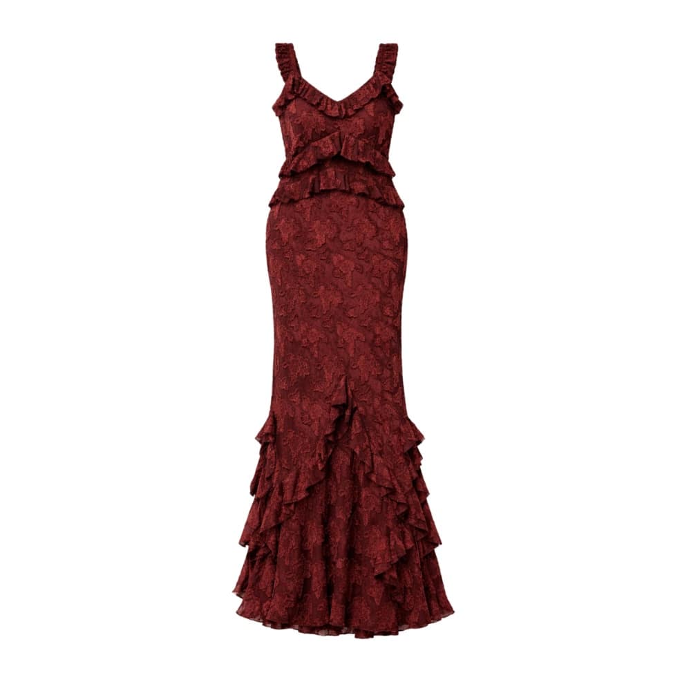 Plus size mahogany jacquard maxi dress with ruffle detailing and V-neckline.