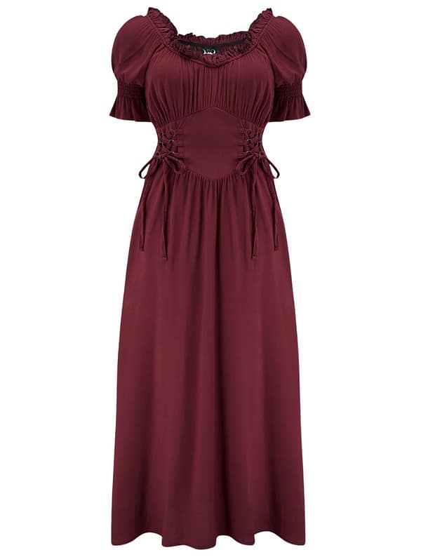 Plus size red maxi dress with short sleeves and flowing skirt.