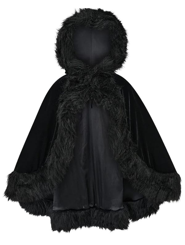 Black velvet cloak with faux fur trim, oversized hood and high-low hem
