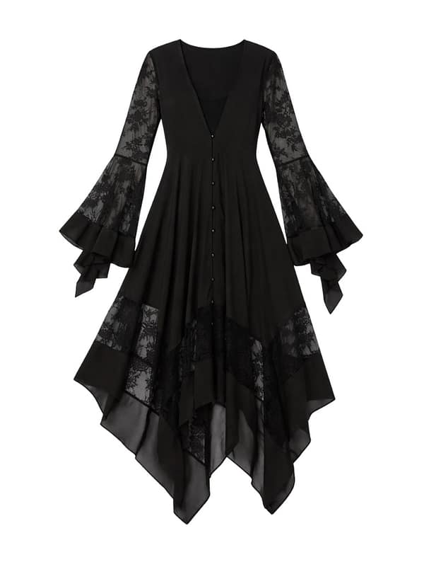 Plus size black lace maxi dress with bell sleeves and hanky hem.