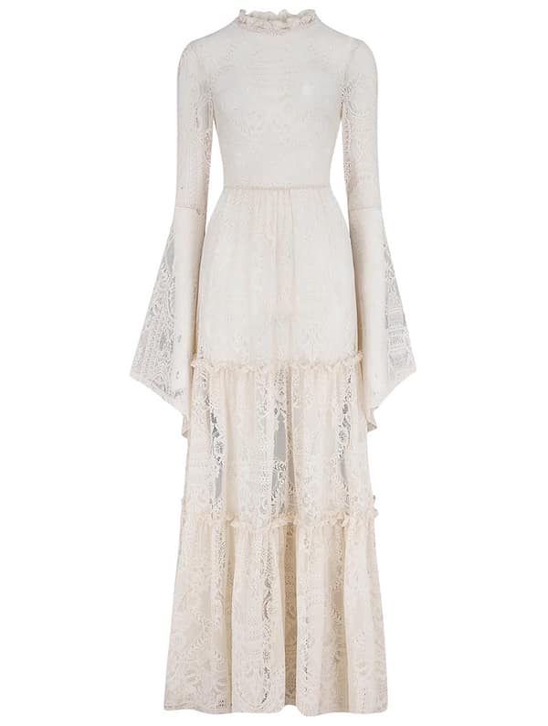 Front view of plus size ivory lace maxi dress with delicate lace detailing.