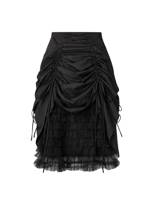 Plus size black high-waisted midi skirt with asymmetric hem.