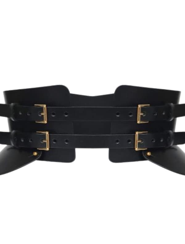 Wide Italian leather waist belt with dual buckle straps and peplum side detailing