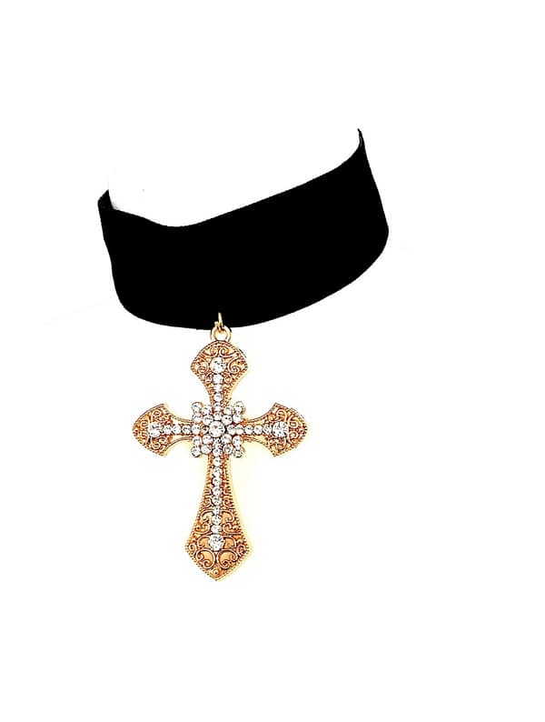 Black velvet choker necklace with gold and crystal cross pendant on white background